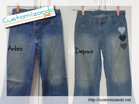 Customização de calça jeans sem costura - Antes e Depois Customização de calça jeans sem costura - Antes e Depois